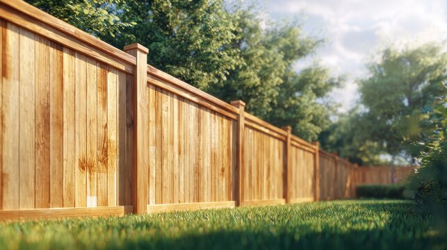 A backyard wooden fence with green grass and lush trees in warm sunlight. Perfect for landscaping and property boundary concepts.
