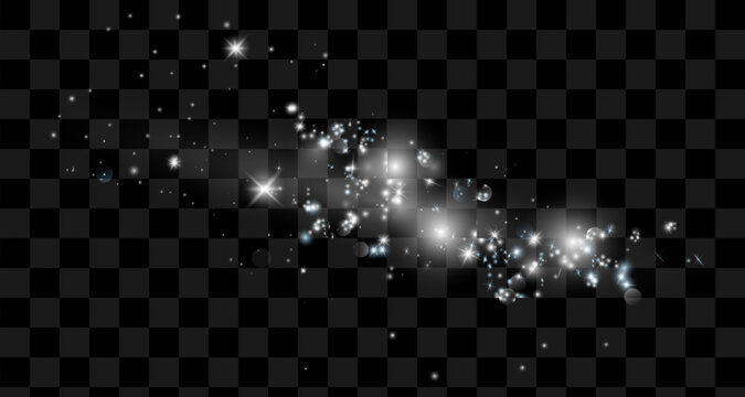 The dust sparks and golden stars shine with special light. Vector sparkles on a transparent background. Christmas light effect.