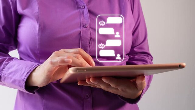 A woman holds a tablet displaying a chat interface with a bot. Professional technology or communication theme.