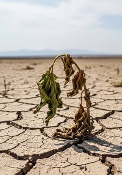 A withered, dried-out branch of a plant stands alone on cracked, dry earth. The branch has a few remaining green leaves, contrasting with the brown and yellow hues of the dried foliage.