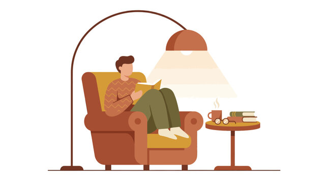 A man relaxing in a cozy armchair, reading a book under the warm glow of a floor lamp, with a cup and books on a side table.