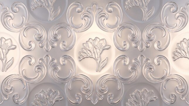 Ornate silver floral relief pattern decorative wall panel with swirls and flowers metal