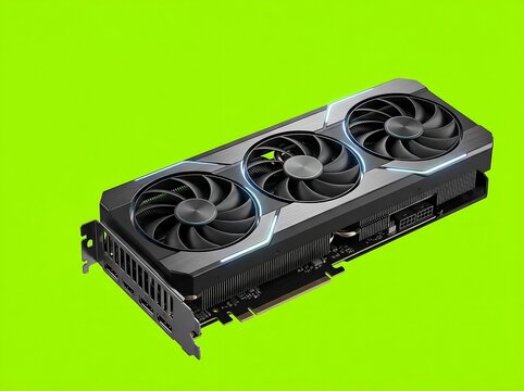 Triple Fan Graphics Card with Blue LED Lighting on Green