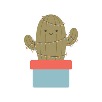 Cute cactus character with christmas lights in pot illustration on transparent background.
