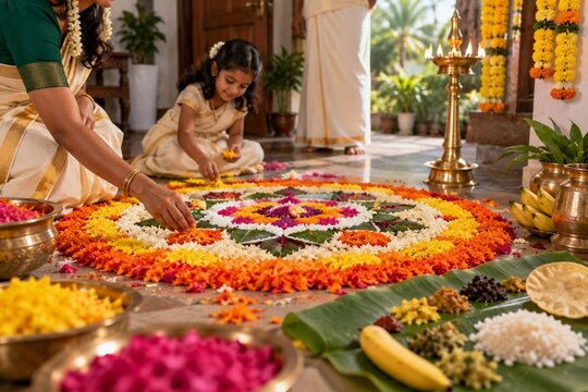 Family decorating colorful pookalam flower rangoli for indian festival onam with sadhya meal