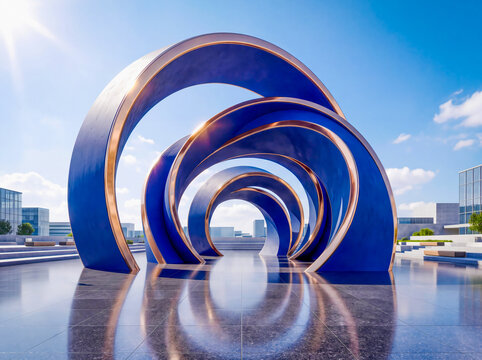 Modern blue and gold curved arches sculpture in urban plaza
