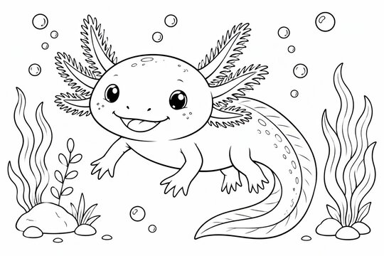 Cute axolotl swimming underwater with bubbles and plants line art illustration