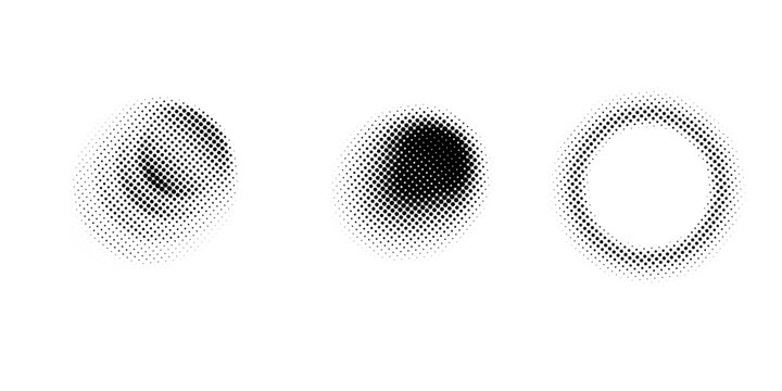 Set of halftone dots pattern texture isolated on white background. Dotted spots using halftone circle dot raster texture collection. Vector half tone collection.