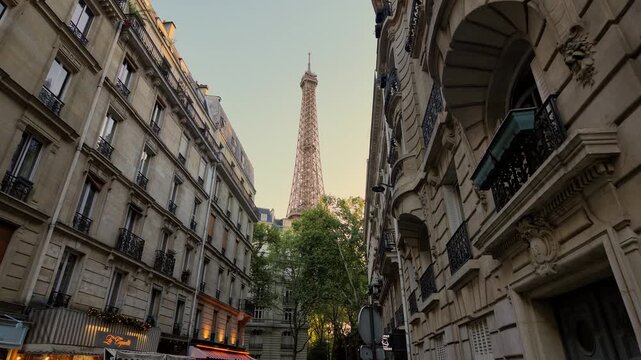 Eiffel Tower landmark standing tall over classic Parisian architecture and tree lined streets