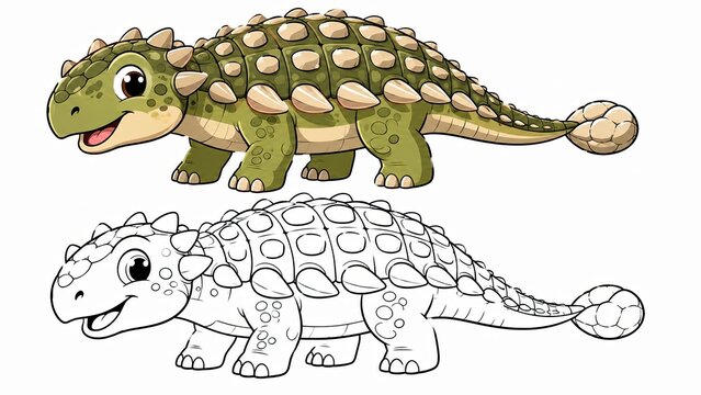 Cute cartoon ankylosaurus dinosaur with a matching coloring page outline drawing