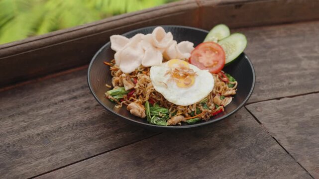 Traditional Indonesian Fried Noodles Served at an Outdoor Restaurant Surrounded by Tropical Nature in Bali