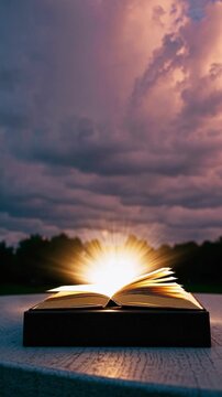 A magical open book glows under dramatic clouds, captured from a low angle. The scene evokes a cinematic video style, blending fantasy and wonder. Live mobile wallpaper.