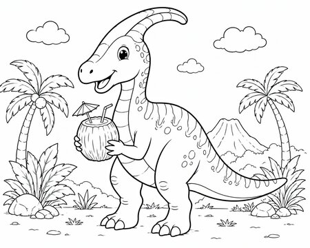 Cute Parasaurolophus dinosaur standing in a prehistoric jungle coloring page design