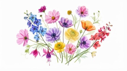 Obraz premium Beautiful Watercolor Floral Bouquet with Colorful Wildflowers and Garden Blooms.