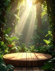 Obraz premium A sunlit wooden platform surrounded by lush tropical plants and trees in a vibrant green forest setting.