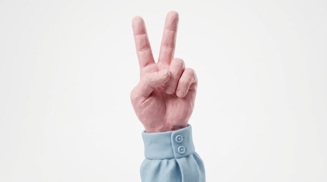 Hand showing peace sign gesture isolated on white background for communication concept.