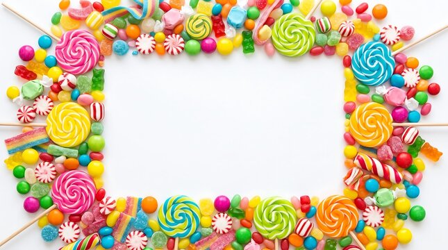 Colorful candy frame with lollipops and assorted sweets on a white background