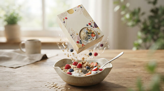 A bowl of breakfast cereal with fresh strawberries and blueberries on a wooden table, with a cereal box hovering above and ingredients splashing into the bowl, captured in a bright kitchen setting