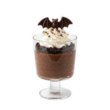 Chocolate mousse dessert with whipped cream and bat decoration for Halloween PNG Isolated on transparent background