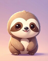 Fototapeta premium A cute, cartoon-style baby sloth with big eyes and a gentle smile sits against a soft purple background.