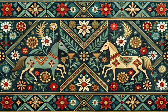 Vintage folk art tapestry with horses and floral patterns, traditional scandinavian style embroidery, rustic textile background with teal and red motifs
