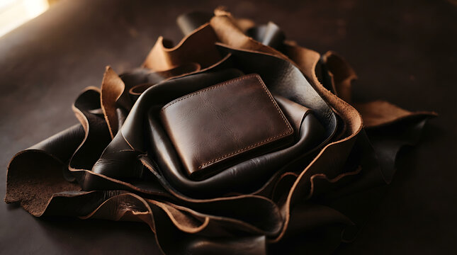 A dark brown leather wallet resting in the center of a pile of raw, folded, dark brown and black leather hides, showcasing natural textures and rich tones on a dark, moody surface