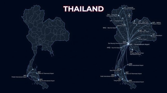 Digital Futuristic Map of Thailand Highlighting Major Airports and Flight Route Networks on Dark Background