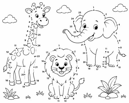 Black and white coloring page design featuring cute wild animals for kids to color