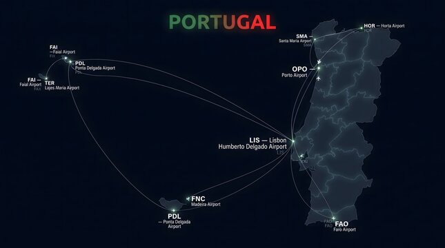 Digital Futuristic Map of Portugal Highlighting Major Airports and Flight Route Networks on Dark Background