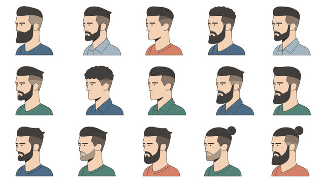 Collection of male side profile avatars displaying various modern hairstyles and beard grooming styles.