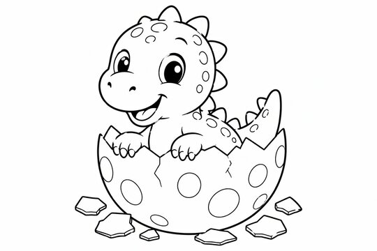 Cute baby dinosaur hatching from a spotted egg simple line drawing for kids coloring