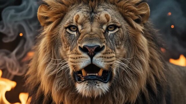 Powerful Lion Roaring Amid Flames and Smoke Symbolizing Great Power 4k
