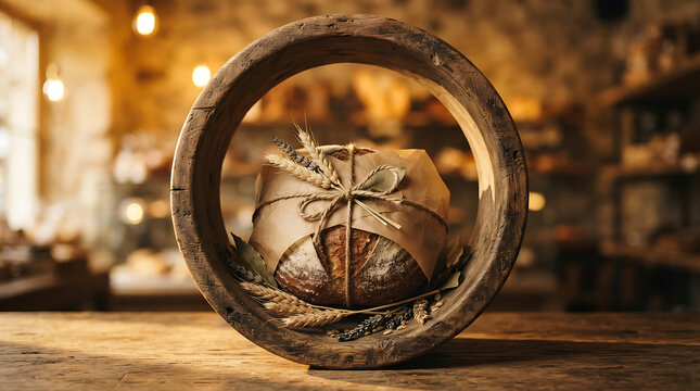 A round loaf of rustic sourdough bread wrapped in brown paper and tied with twine, placed inside a circular wooden frame on a wooden table in a blurred bakery setting with warm golden lighting