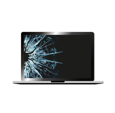 Black Laptop with a broken display.  Broken mobile phone screen