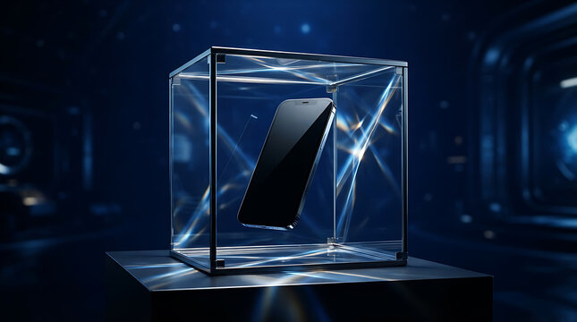 A sleek black smartphone is suspended inside a transparent glass cube on a dark pedestal, illuminated by blue light streaks and abstract glowing lines in a dark, futuristic environment