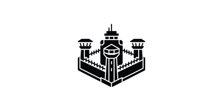 Black and white vector illustration of a high security prison complex.