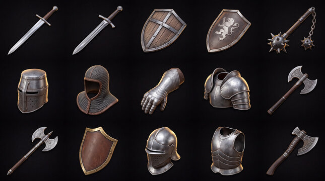 Medieval knight armor and weapons set with swords shields helmets and axes for game design