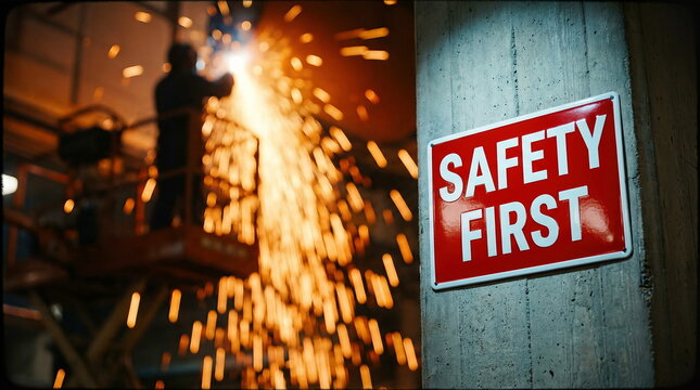 Workplace safety sign with worker welding in industrial factory, for occupational hazard awareness.