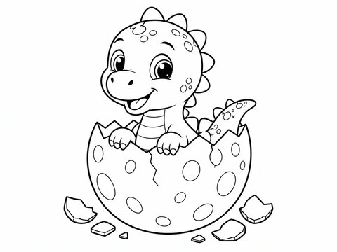 Cute baby dinosaur hatching from a spotted egg line art drawing for coloring book