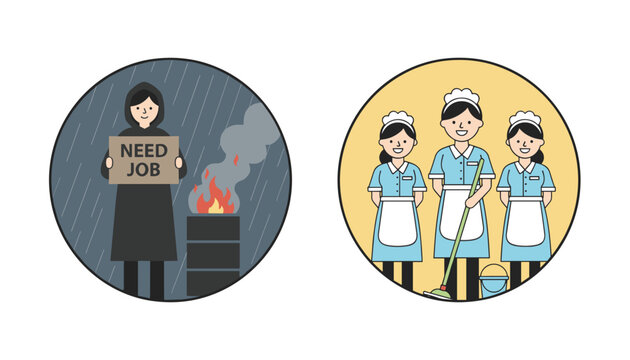 Social contrast concept featuring a homeless person in the rain and three smiling professional maids in uniforms.