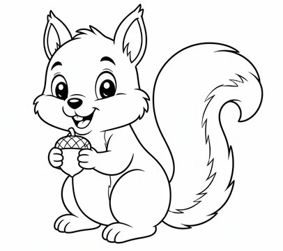 Cute cartoon squirrel holding an acorn black and white line art drawing for kids
