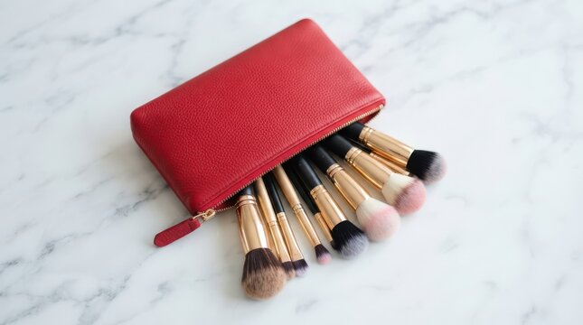 Red leather cosmetic bag with makeup brushes spilling out on a white marble surface