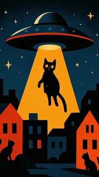 Retro video art of a cat being abducted by a UFO over houses, viewed from below. Live mobile wallpaper.