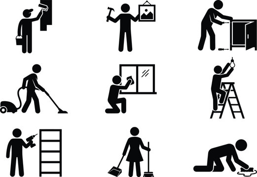 Vector stick figure silhouette collection of people doing home repair maintenance house cleaning chores and handyman tasks