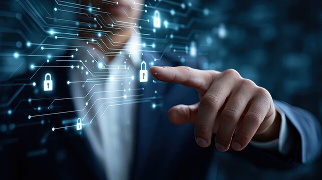 Businessman touching holographic security padlock interface, cyber security data protection and digital privacy technology concept