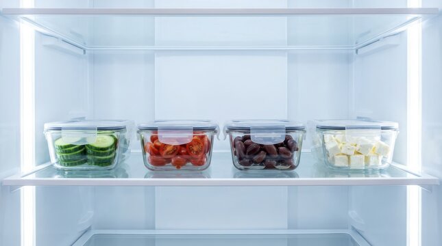 Glass food containers with fresh vegetables and cheese arranged on a shelf inside a clean, bright refrigerator