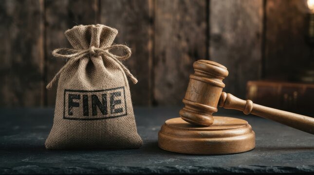 Small burlap sack labeled fine next to wooden gavel