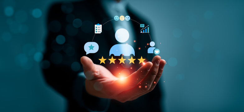 Customer satisfaction feedback concept with business hand presenting virtual five star review rating interface showing user experience, service quality, survey and analytics dashboard