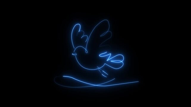 Flying blue dove bird silhouette illustrated via a continuous glowing neon trace on a dark black background