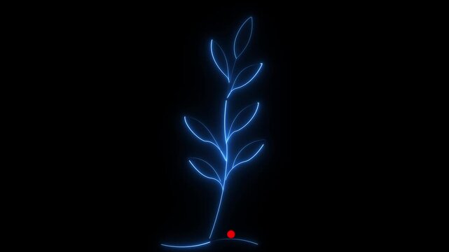 Botanical leafy stem with a tiny red accent illustrated using a continuous blue neon trace over a pitch black canvas